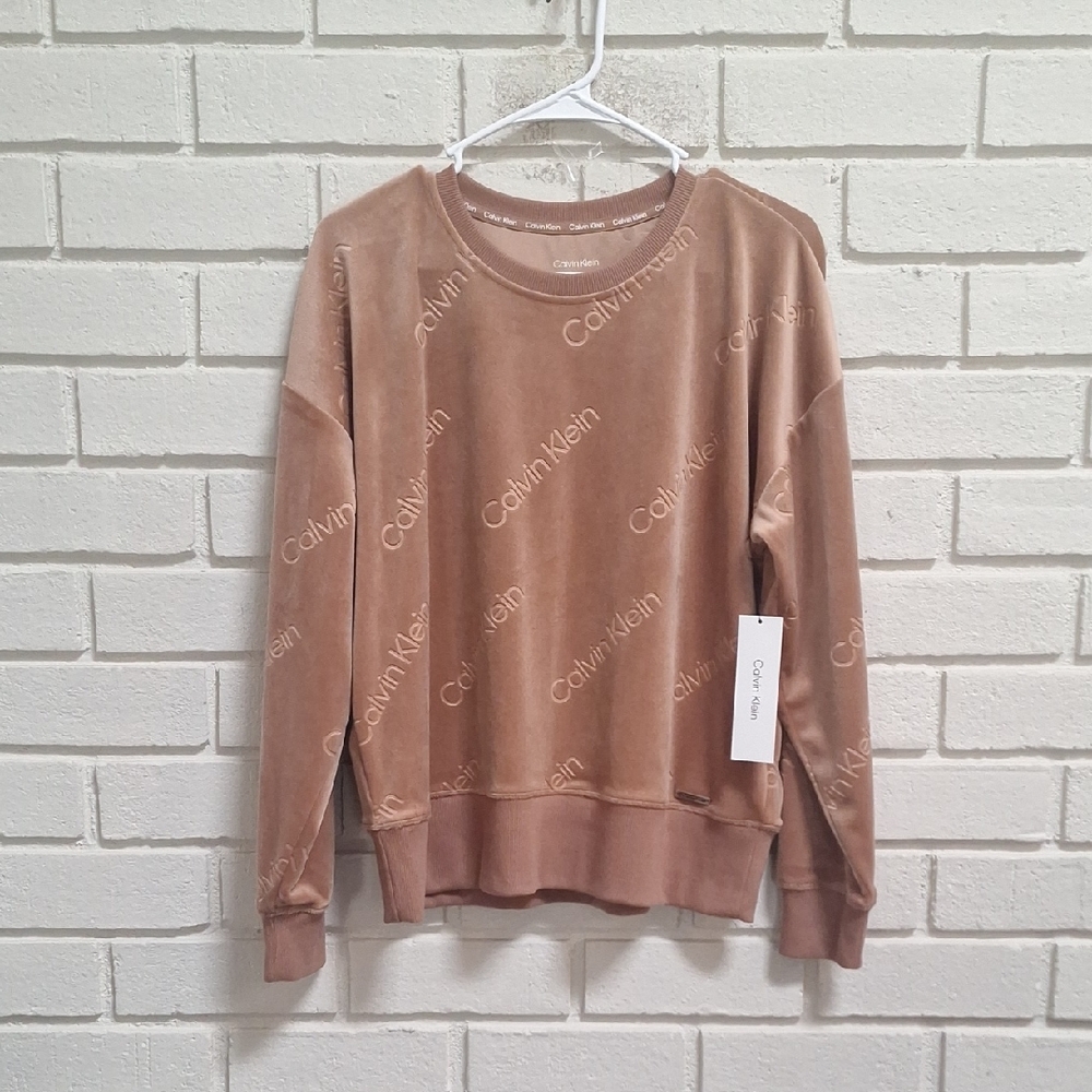 Calvin Klein All-Over Logo Velour Brownish Tan  Oversized Sweatshirt. Medium NWT